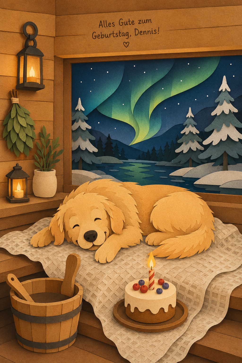 Illustration im Scherenschnitt-Stil: ein schlafender Golden Retriever auf einem Waffelstoff-Handtuch in einer Sauna, davor eine Geburtstagstorte, im Fenster Nordlichter über einem verschneiten See — Alles Gute zum Geburtstag, Dennis!