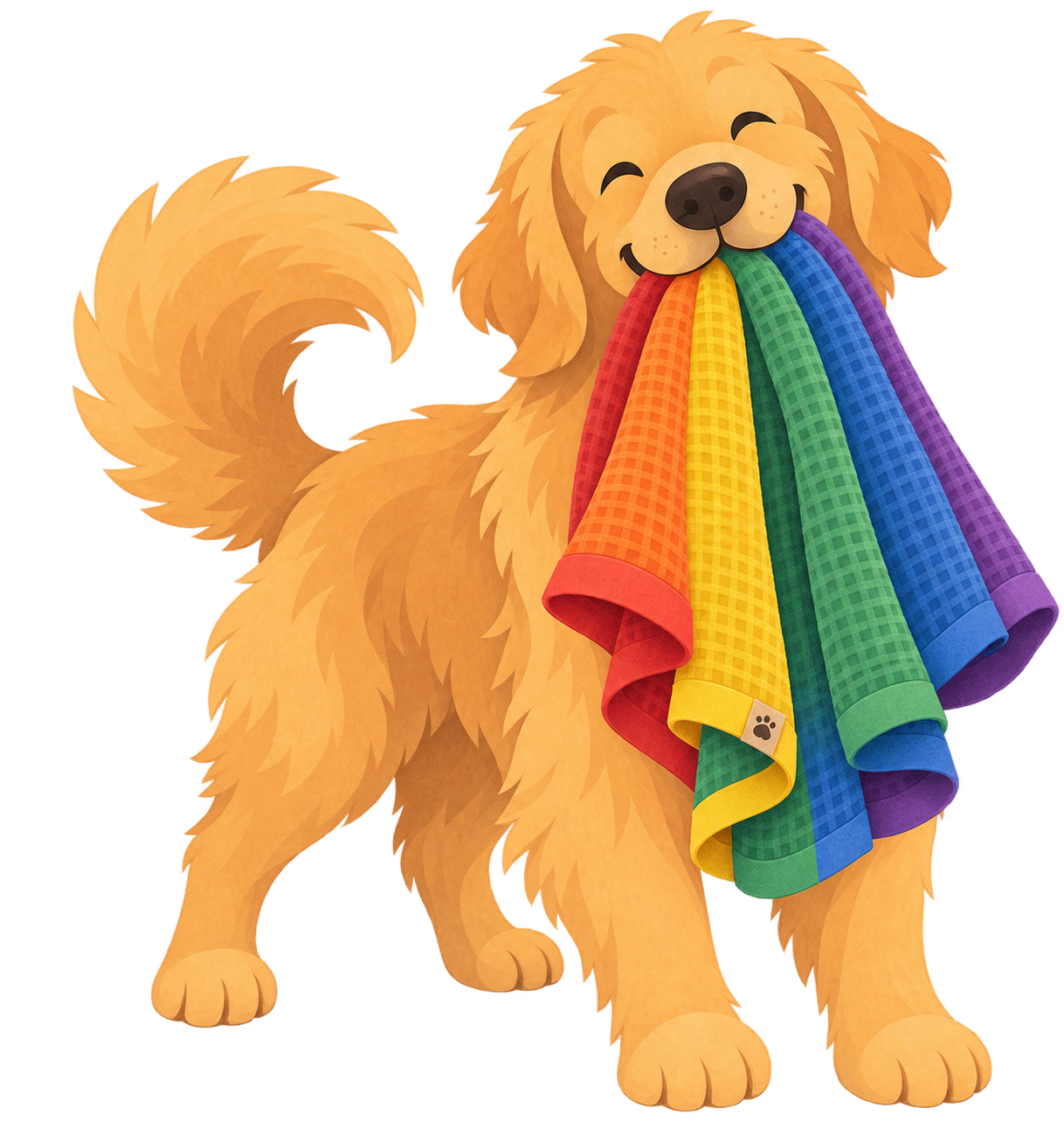 Ein fröhlicher Golden Retriever mit bunten Waffelhandtüchern im Maul